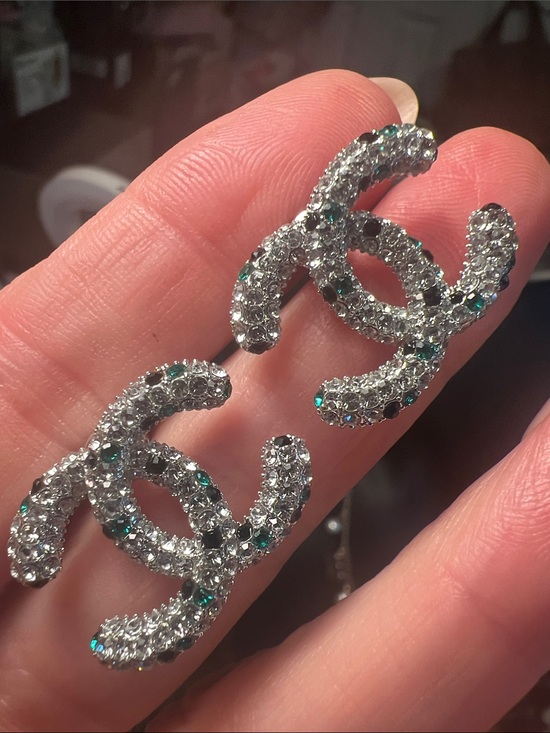 None Jewelry - Crystal-Embellished CC-Style Earrings in Silver with Green Accents